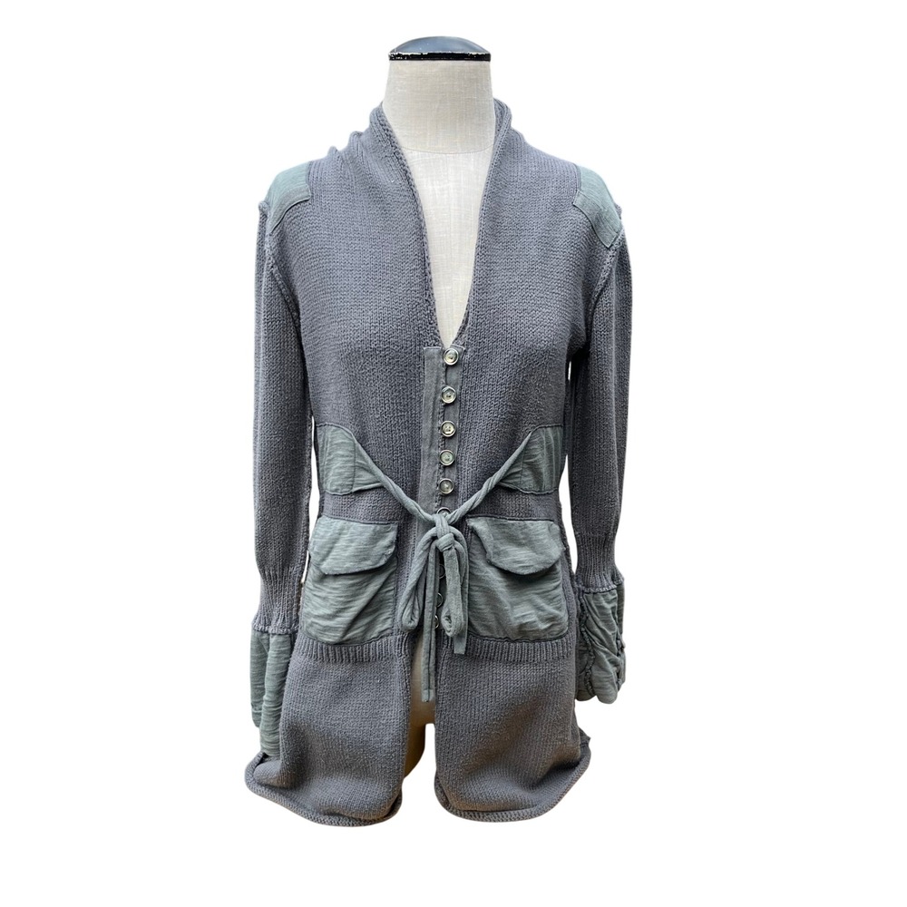 Pure Handknit Women Gray/Green Shawl Collar  Cardigan Sweater‎ Size S M